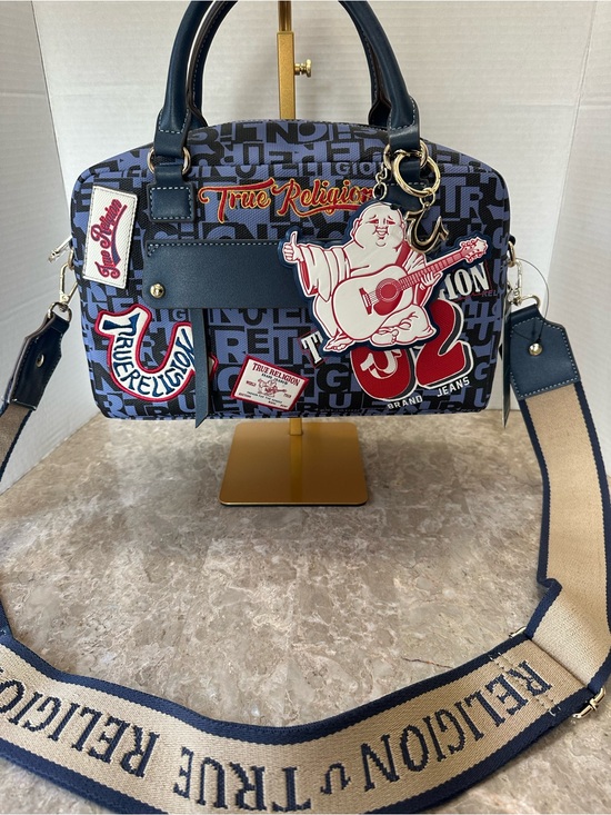True Religion Handbags - True Religion Multi Patch Satchel Bag Navy Denim Crossbody Monogram Y2K NWT